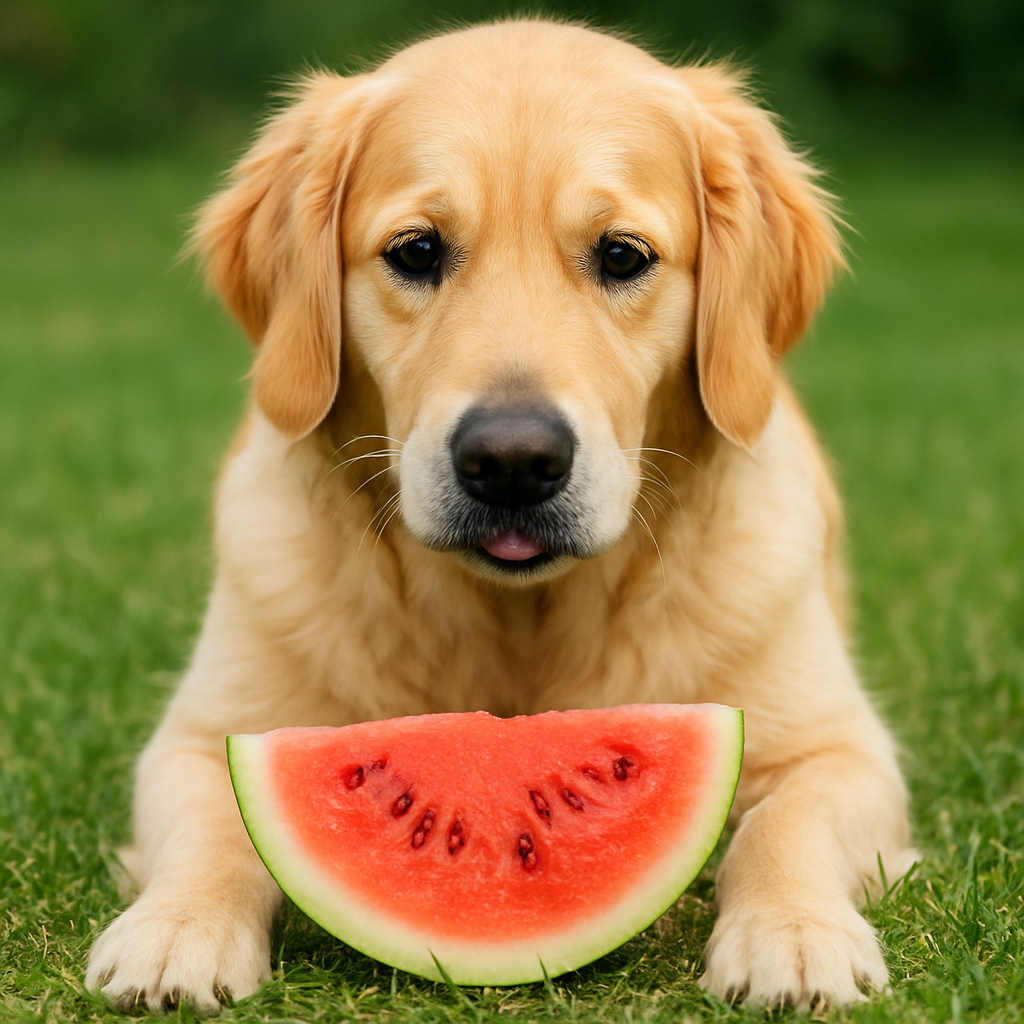 수박 앞에 앉아 있는 골든 리트리버