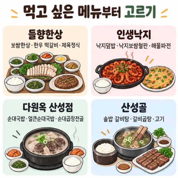 들향한상, 인생낙지, 다원옥 산성점, 산성골의 대표 메뉴를 비교한 이미지