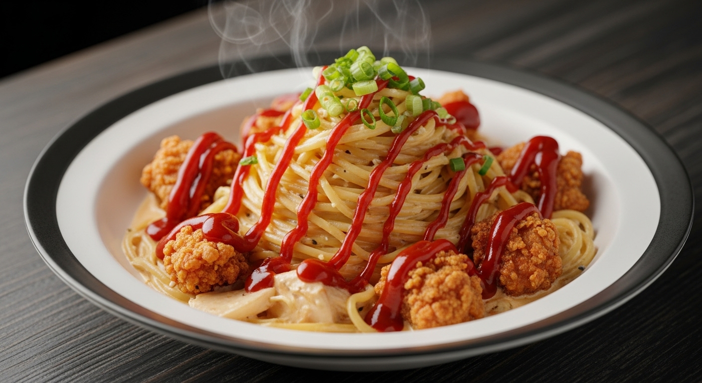 마라 소스가 뿌려진 크림 파스타 위에 바삭한 닭강정이 올려진 마라크림 닭강정 파스타 클로즈업