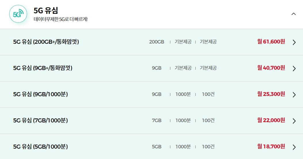 5G 요금제 종류 예시