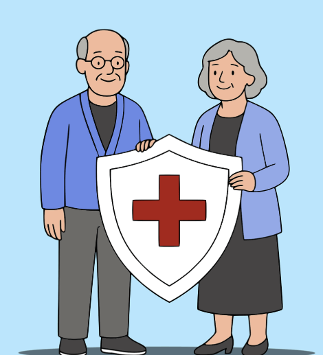 알부민 관련 치료비 보장을 상징하는 건강보험 방패를 든 노부부 일러스트