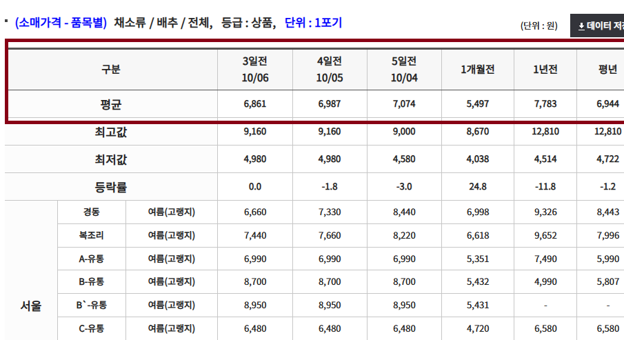 현 배추가격 시세 확인 하기