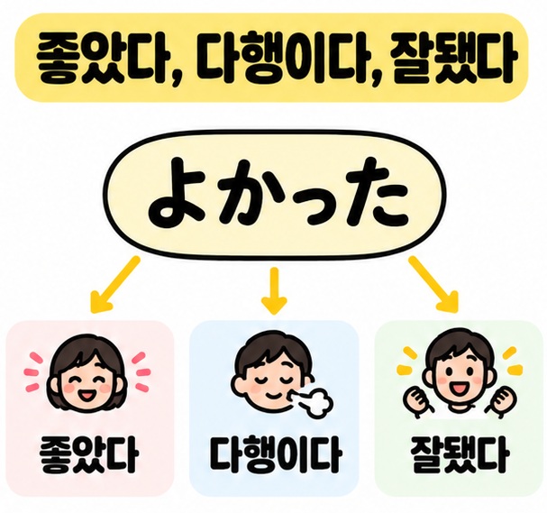 よかった를 좋았다, 다행이다, 잘됐다 세 가지 한국어 뜻으로 연결한 카드