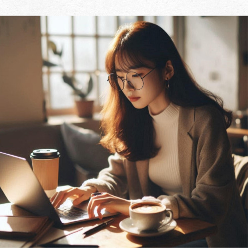 노트북과 이어폰을 사용하는 카공족 모습