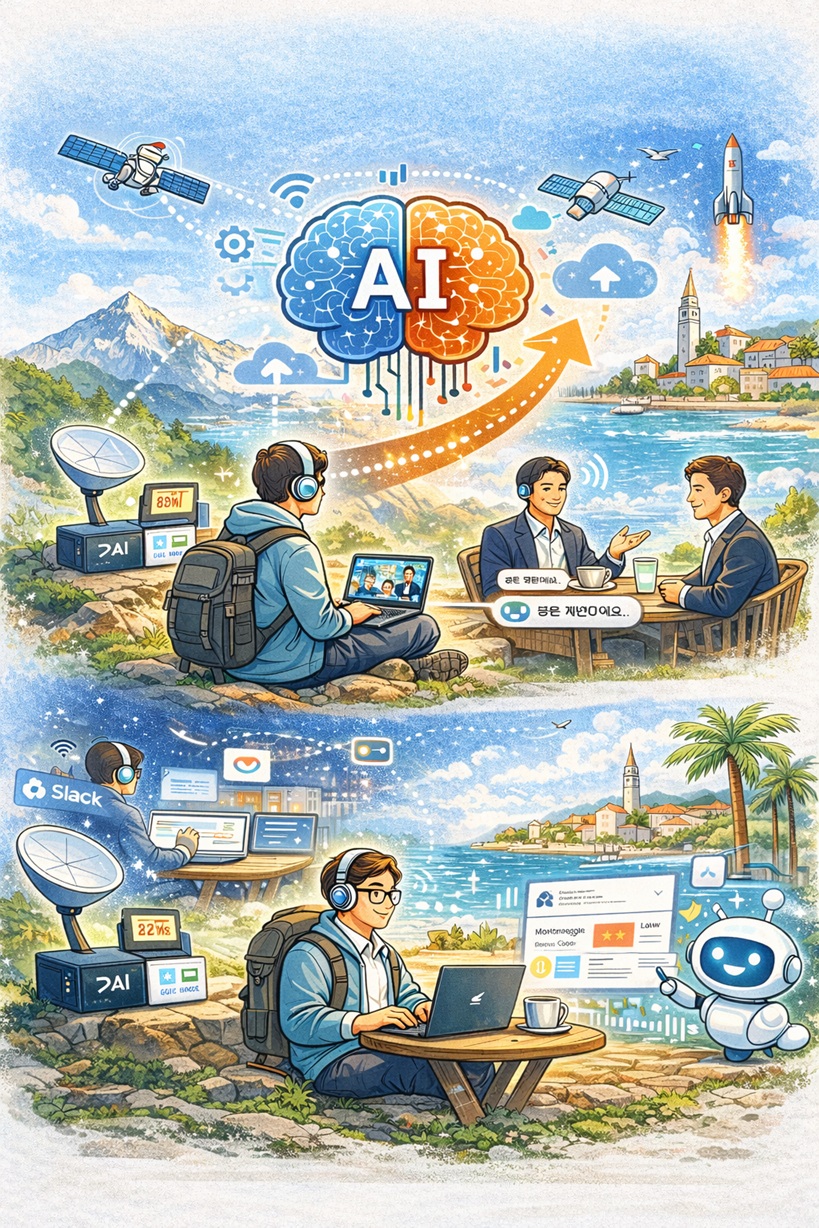 스타링크 위성 인터넷과 AI 에이전트를 활용해 전 세계 어디서나 업무와 행정을 처리하는 하이테크 디지털 노마드의 일상 일러스트.