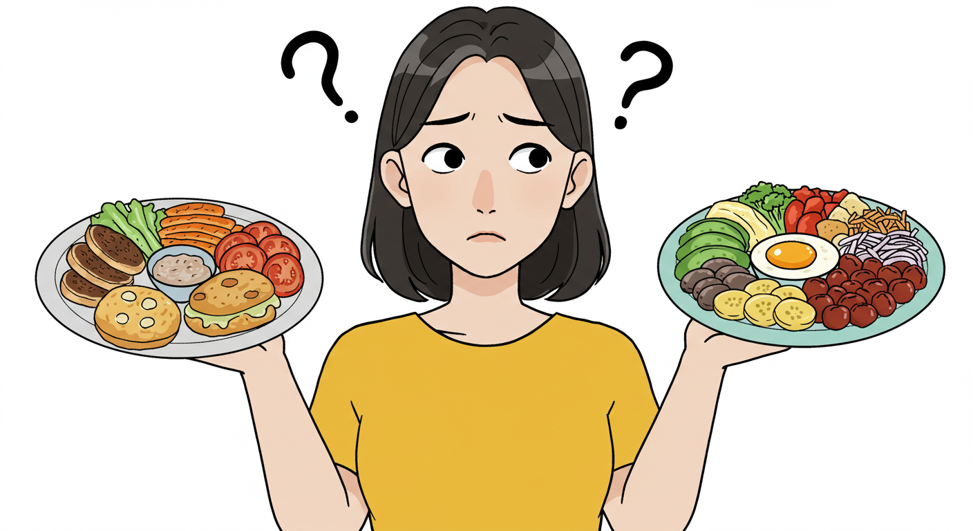 간헐적 단식 식단의 혼란스러움을 표현하는, 여러 종류의 식사를 들고 고민하는 한국인.