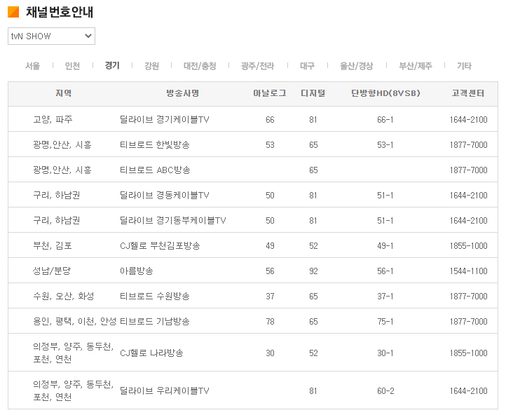 TVNSHOW편성표 와 IPTV 지역별 채널번호 확인하는 방법 사진2