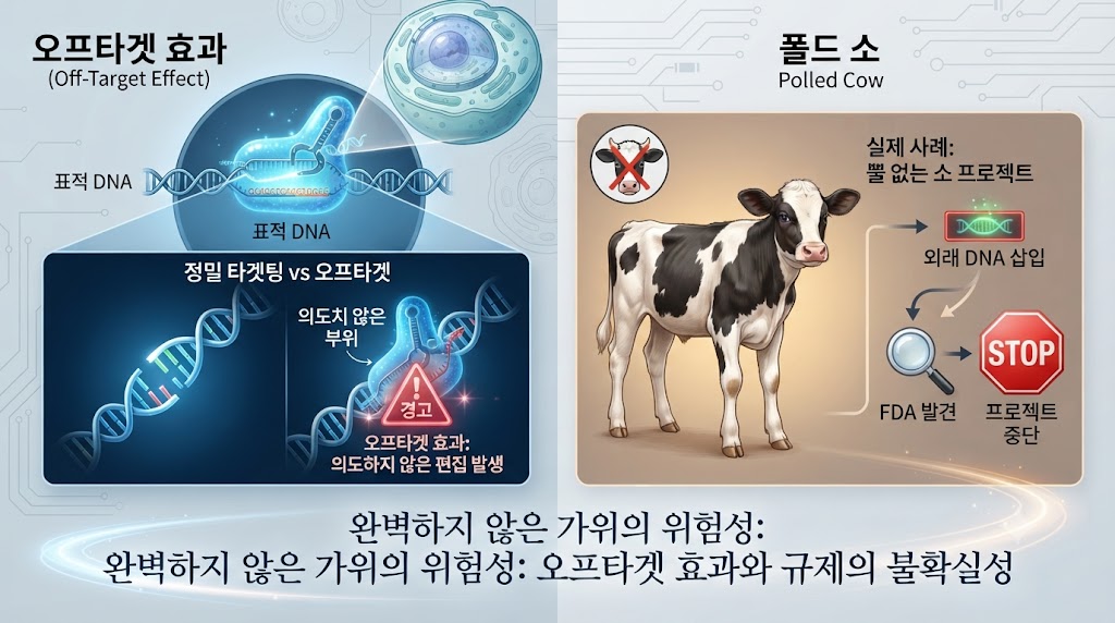 CRISPR 기술의 기술적 한계와 논란을 시각화한 분자 생물학적 일러스트입니다. 이미지 중앙에는 CRISPR-Cas9 복합체가 표적 DNA 서열을 정확히 자르는 모습이 보입니다. 하지만 그 아래 확대된 미세 보기 화면에서는 의도하지 않은 다른 DNA 부위가 가위에 의해 잘려 나가는 '오프타겟 효과'가 붉은색 경고 표시와 함께 강조되어 있습니다. 오른쪽에는 이로 인해 발생한 실제 사례인 '폴드 소(뿔 없는 소)'의 모습이 그려져 있는데, 뿔은 없지만 항생제 내성 관련 외래 박테리아 DNA가 의도치 않게 삽입된 사실이 발견되어 프로젝트가 중단된 과정이 설명 아이콘으로 표현됩니다.