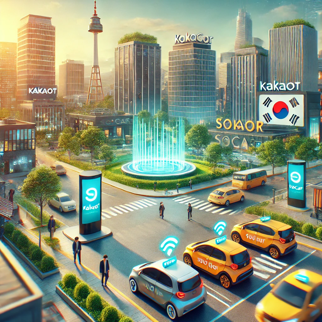 한국의 도심에서 카카오T와 쏘카 차량이 눈에 띄는 장면. 사용자들이 모바일 앱을 통해 차량을 예약하고 접근하는 모습이 강조된 활기찬 도시 환경