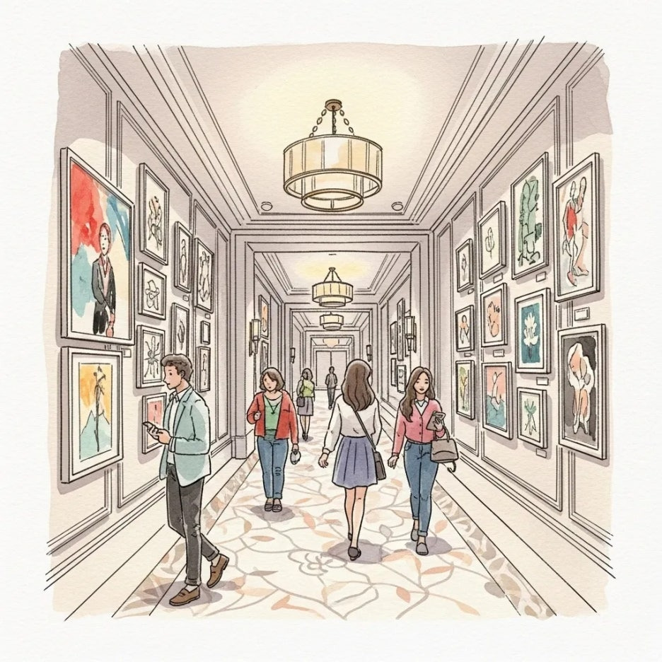 신라호텔 복도에 전시된 다양한 미술 작품