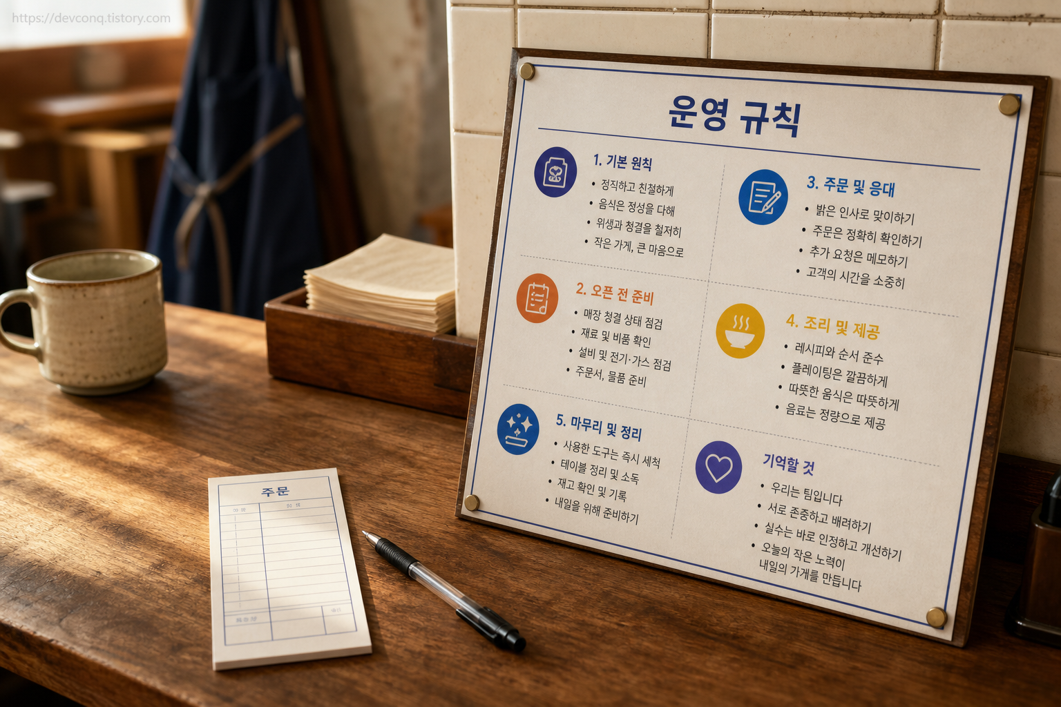 손님 주문서와 주방 운영 매뉴얼을 나란히 놓고 비교하는 장면
