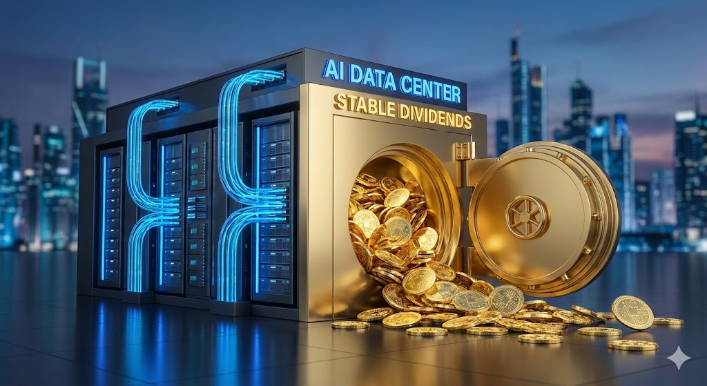 화려한 AI 데이터 센터 그래픽과 묵직한 황금색 금고가 하나로 합쳐지는 키움의 7:3 전략 이미지