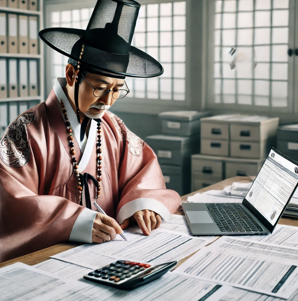 사무실에서 세무 서류를 작성하는 종교 지도자.