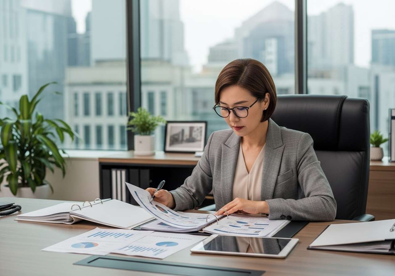 팀 구조 문서를 검토하는 50대 한국 여성 관리자