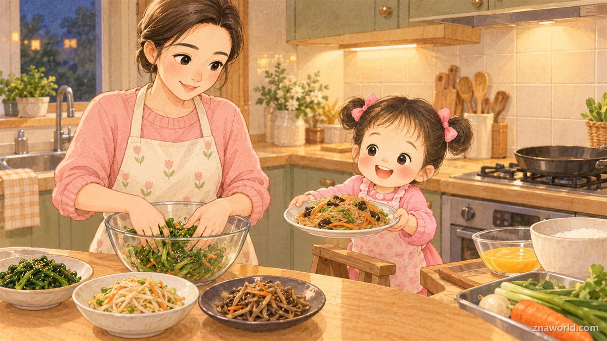 추석 전날 나물과 잡채를 먼저 만드는 엄마와 아이