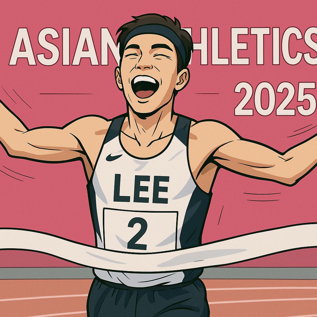 2025년 아시아육상선수권 남자 1500m 결선에서 결승선을 통과하며 환호하는 이재웅 선수를 만화 스타일로 표현한 일러스트