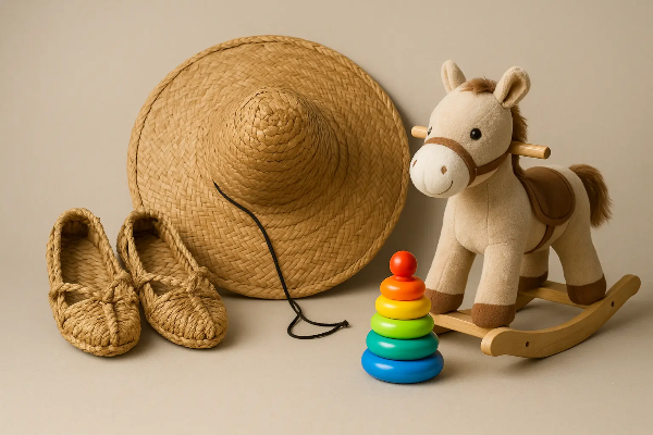 짚신, 작은 유아용 농삿갓, 배냇저고리, 친환경 나무 장난감, 충청남도 농촌 육아를 상징하는 물품들, 전문 스튜디오 촬영, 완벽하게 제어된 조명, 부드러운 그림자, 크로마키 배경, 상업 사진, 광고 품질, 깔끔한 배경, 최적의 노출, 완벽한 포커스