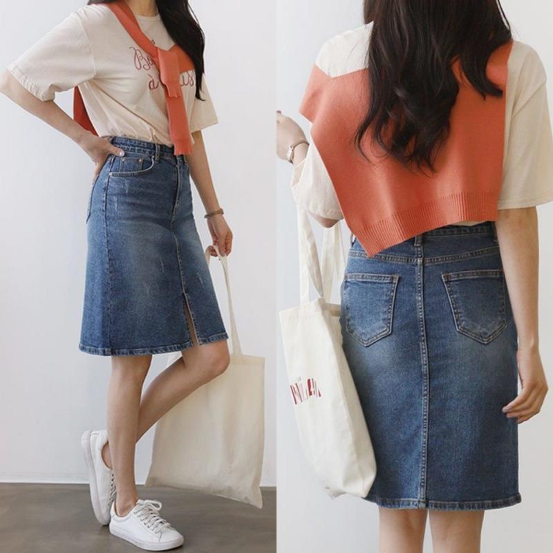 앞트임 히든밴딩 데님스커트 여름 청치마 미디 연청치마 3XL까지 A라인 5부