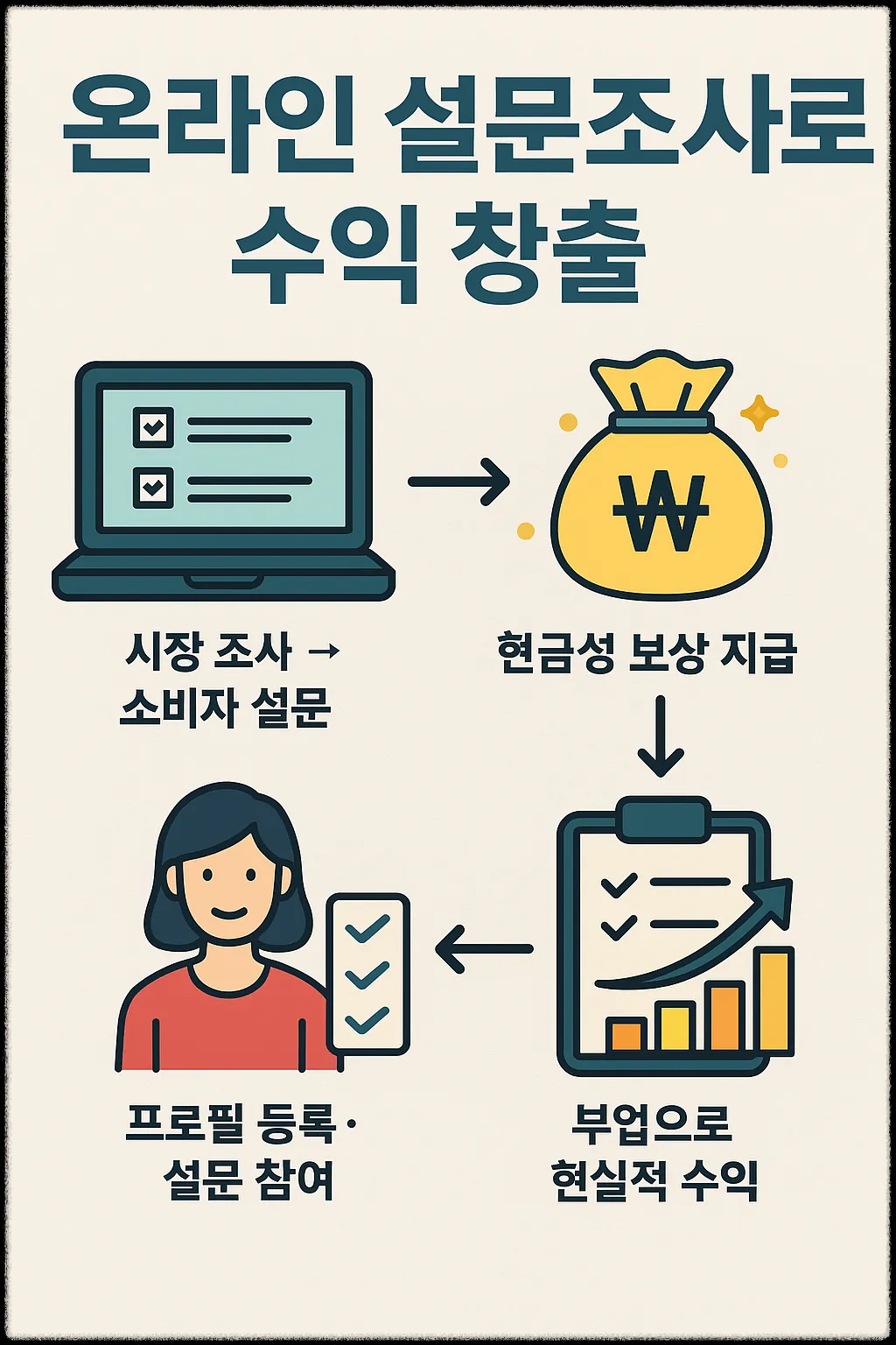 온라인 설문조사의 수익 구조, 참여 방식, 시간 대비 보상 개념을 시각화한 이미지