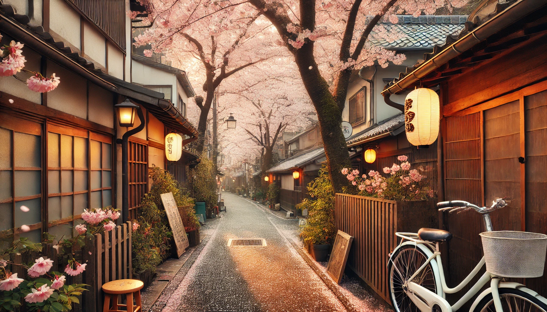 도쿄의 벚꽃이 만개한 한적한 거리