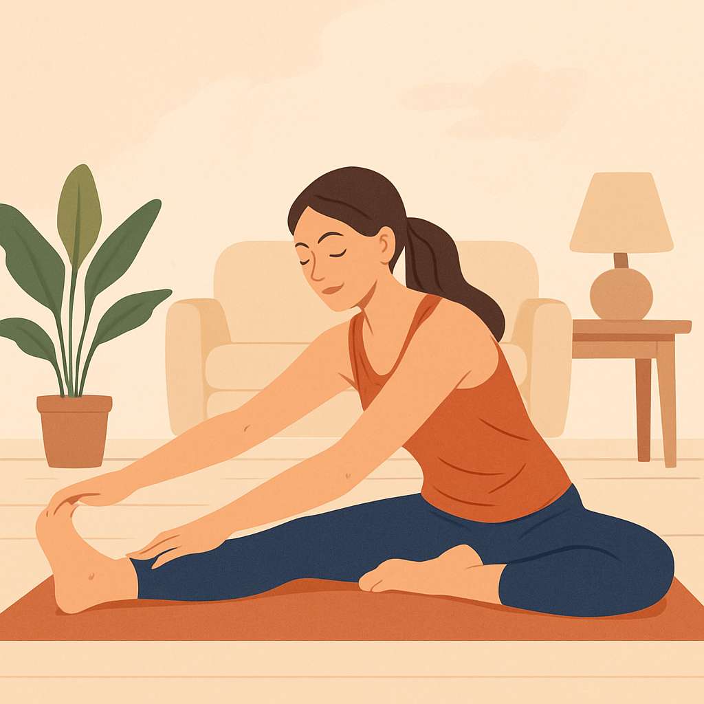 실내에서 스트레칭으로 유연성과 피로 해소를 실천하는 여성의 건강한 모습