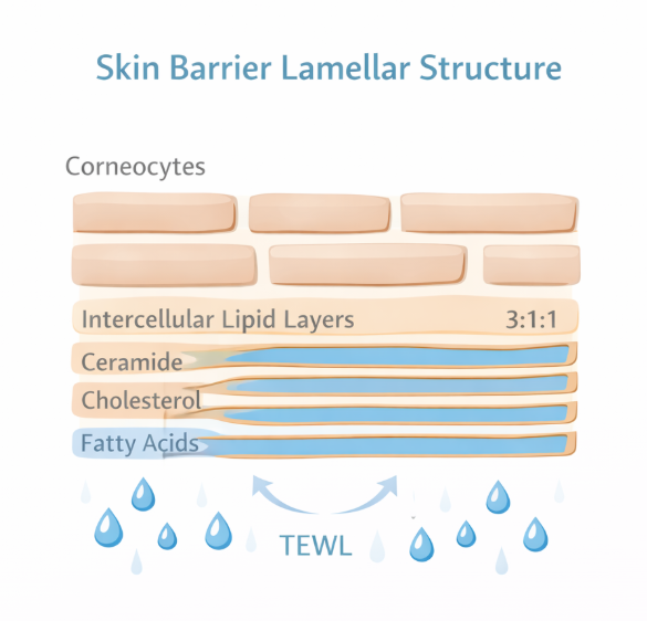 각질층 라멜라 구조 도식. 세라마이드&middot;콜레스테롤&middot;지방산의 균형 배열을 단순화해 표현한 이미지입니다.