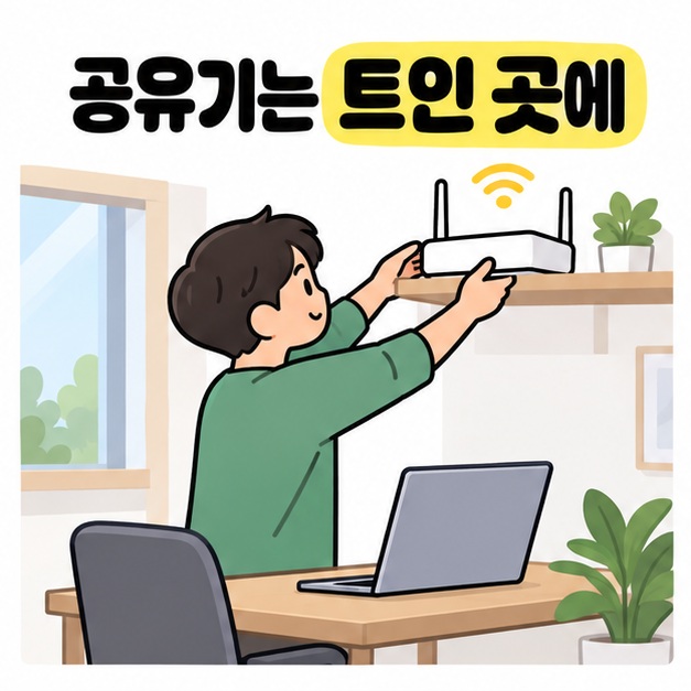 공유기는 트인 곳에 문구 아래 사람이 책상보다 높은 선반에 공유기를 놓고 가까운 책상 위에는 노트북이 있는 모습
