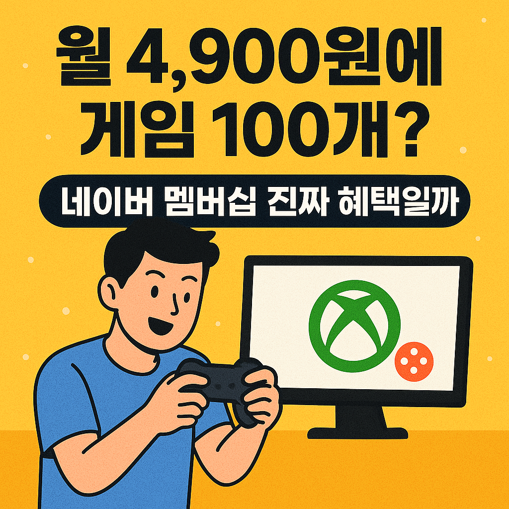 월 4,900원에 게임 100개? 네이버 멤버십 혜택을 홍보하는 일러스트 썸네일, 게임 패드를 들고 있는 남성과 Xbox 로고가 보이는 화면, 노란 배경 위 검정 텍스트 강조