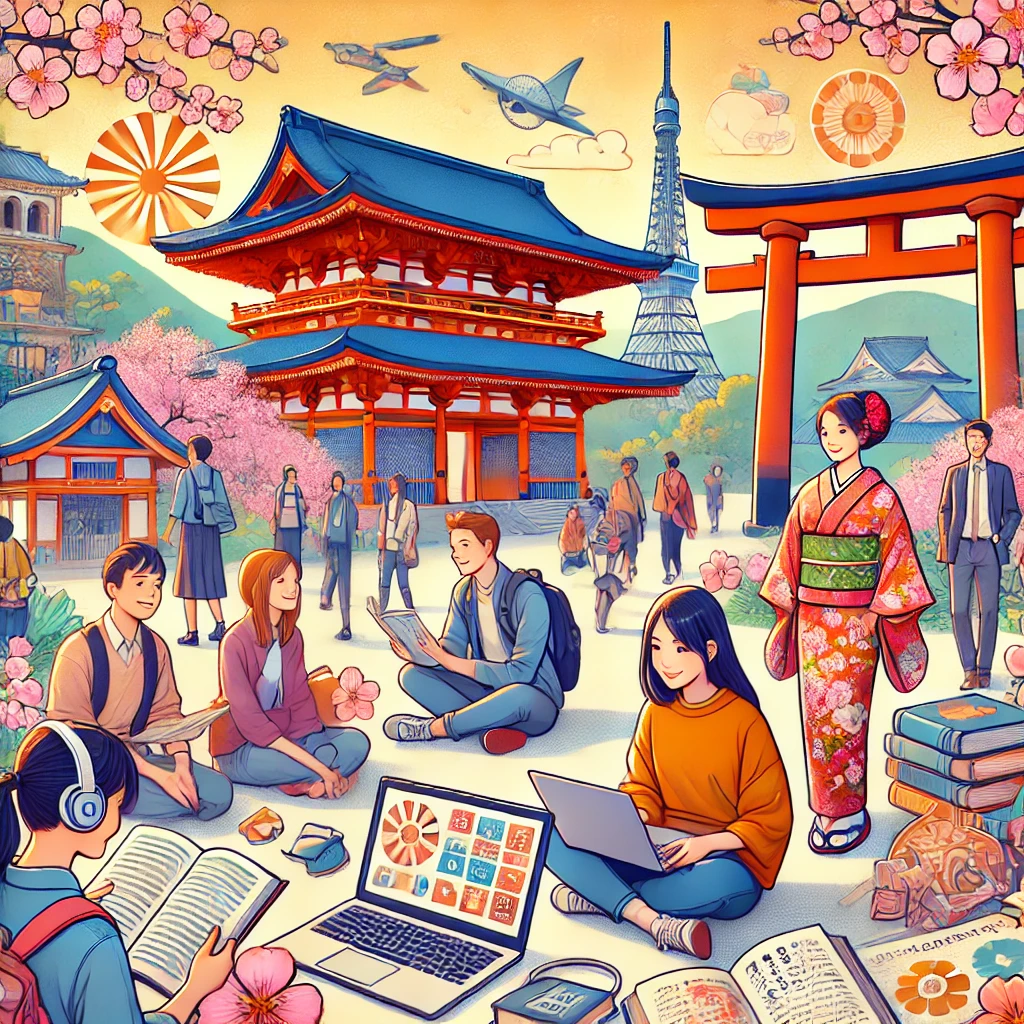 일본, 일본 대학 캠퍼스에서 다양한 국가의 학생들이 전통적인 일본 건축물과 벚꽃이 있는 풍경 속에서 공부하는 이미지