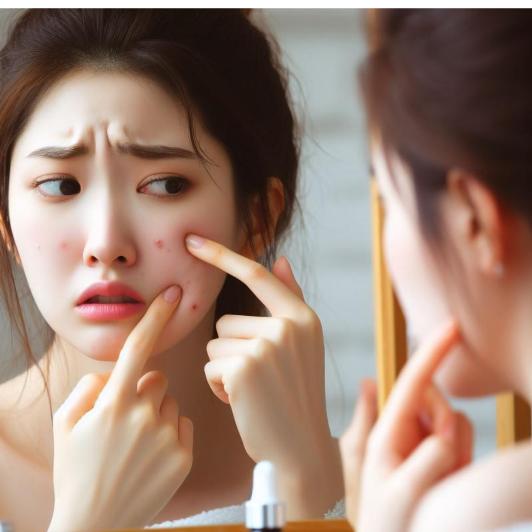 한 여성의 얼굴이 몇개의 뾰루지가 나서 표정이 좋지 않다.