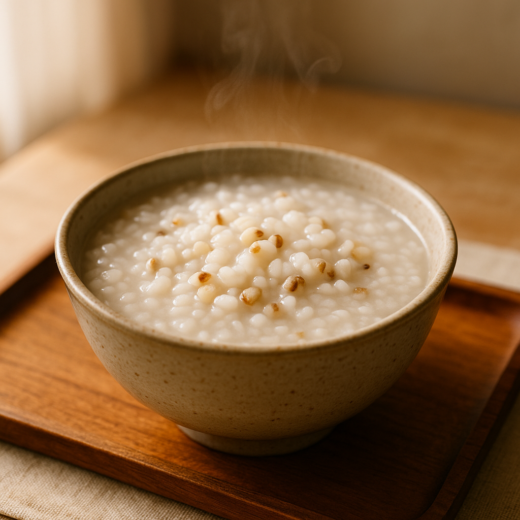 율무와 쌀을 함께 넣어 부드럽게 끓인 따뜻한 율무죽 그릇