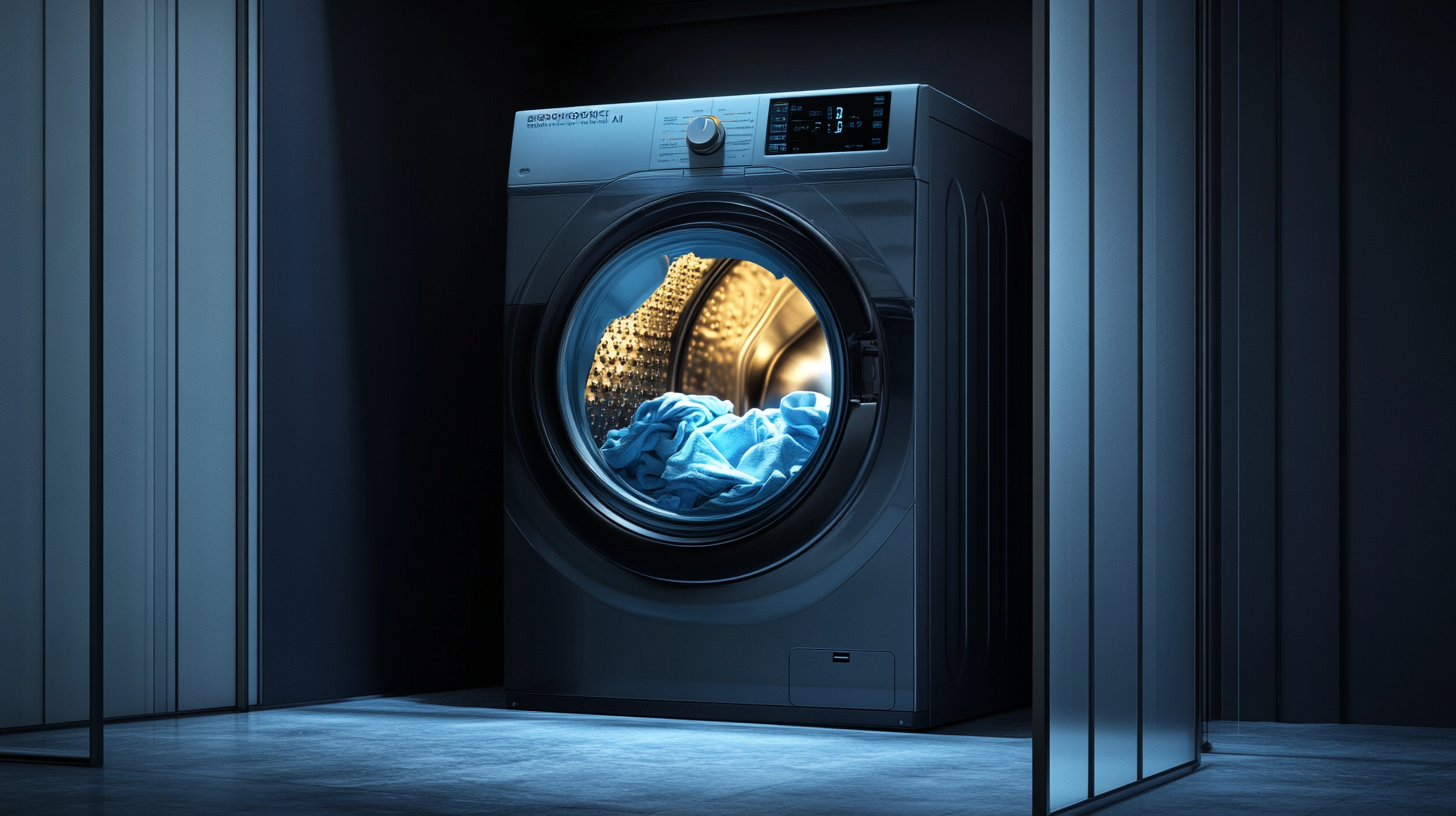 비스포크 그랑데 AI 세탁기가 세탁물의 무게와 오염도를 분석하는 모습, 지능형 기능이 돋보이는 장면
