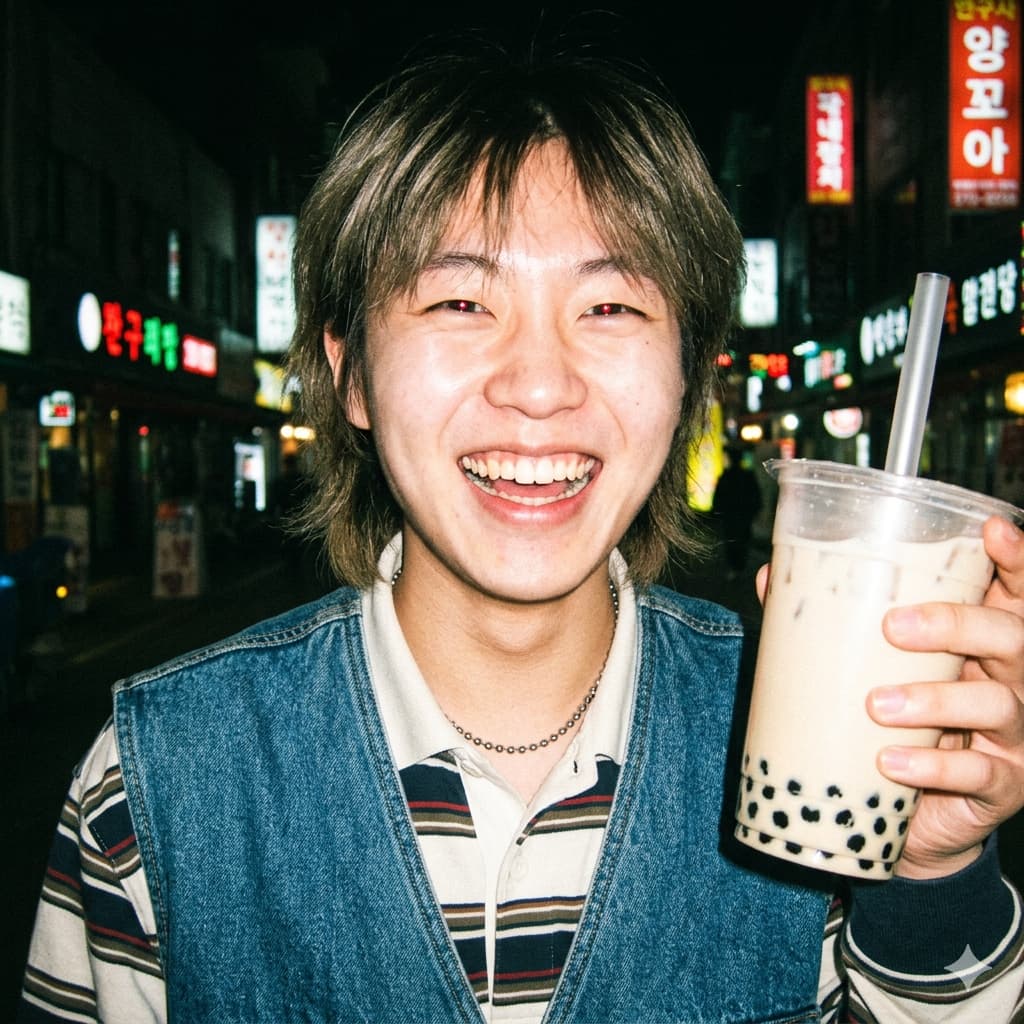 야간에 강한 내장 플래시를 사용하여 촬영한 레트로 감성의 인물 사진. 버블티를 들고 웃고 있는 모습과 빈티지 디카 특유의 노이즈와 붉은 눈 현상이 표현됨.