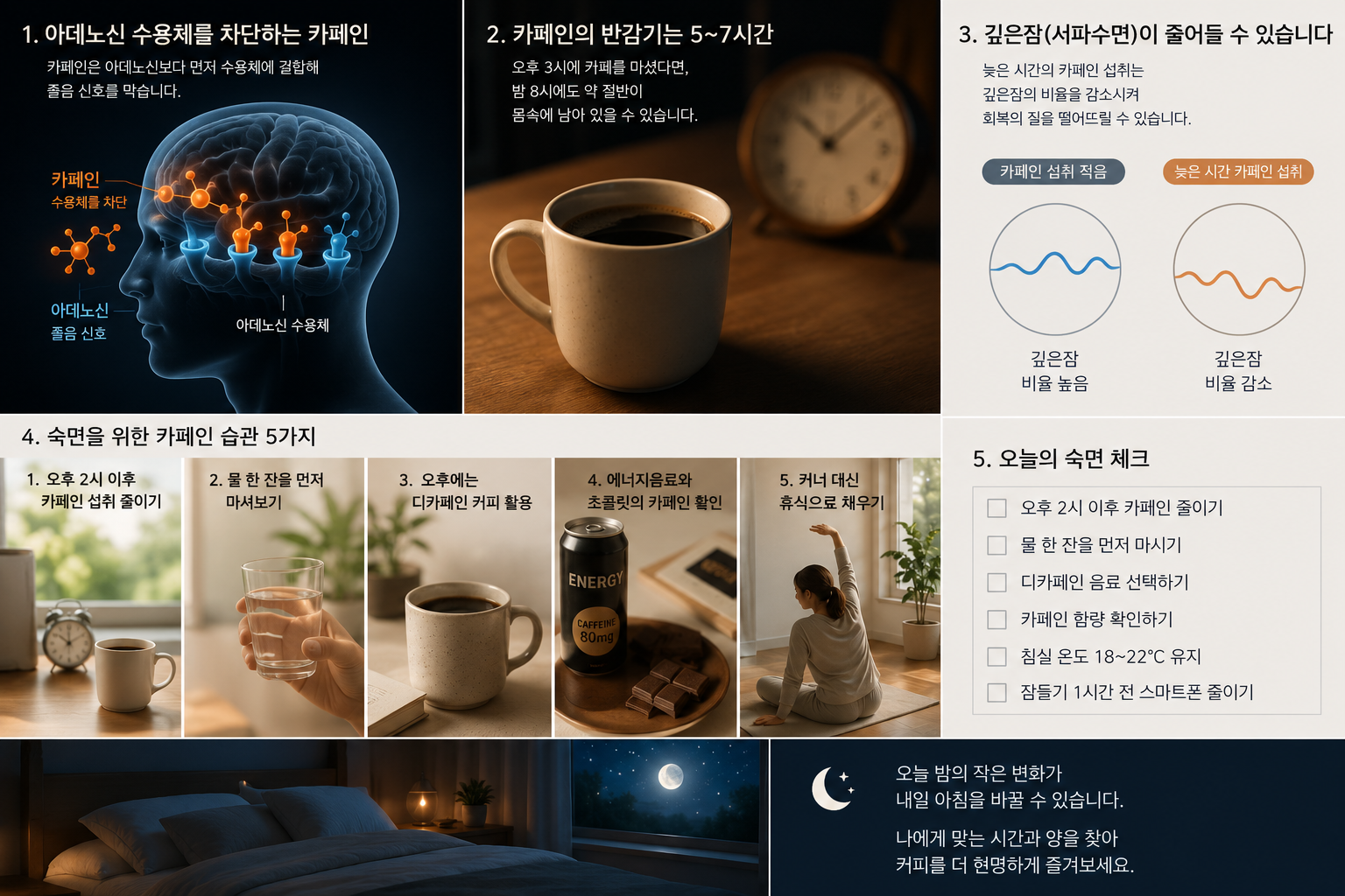 오후 커피가 아데노신 수용체를 차단하여 깊은잠과 수면의 질에 영향을 주는 과정과 카페인 관리 습관을 설명한 인포그래픽