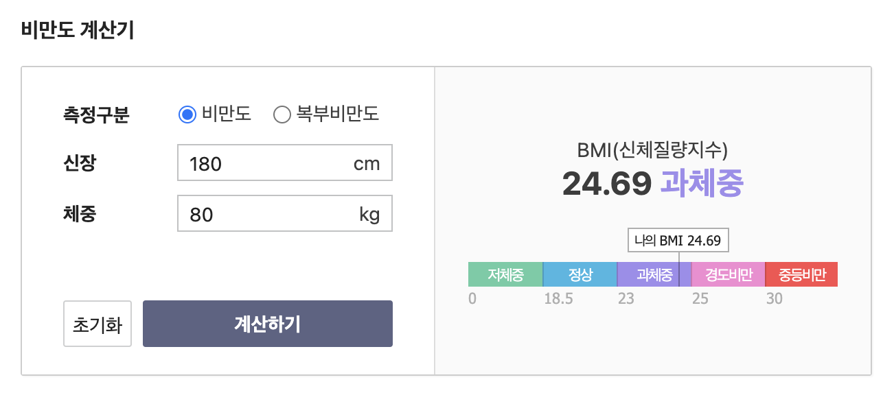 체지방률 정상범위, 골격근량 정상범위 > 비만도 계산기