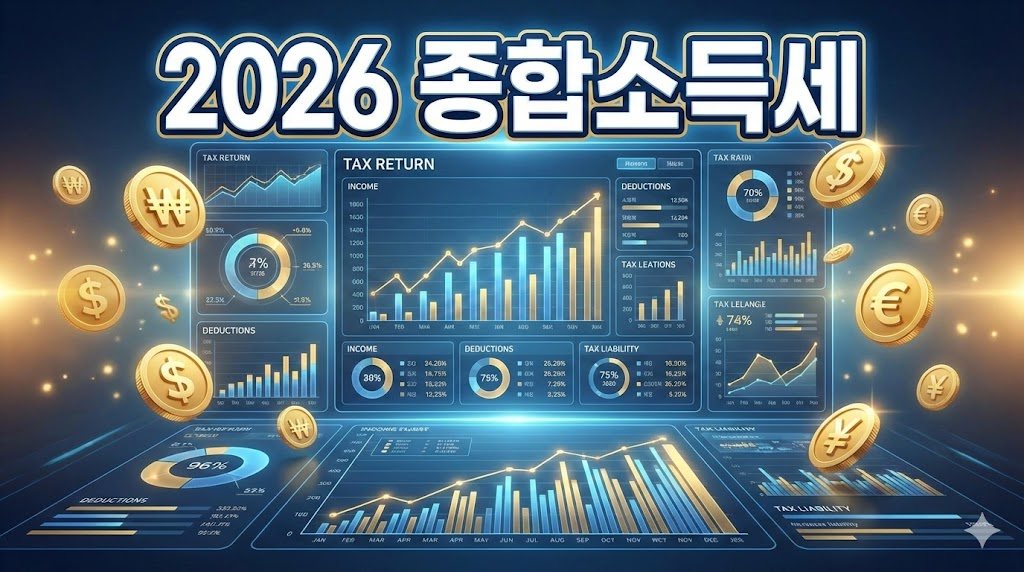 2026년 종합소득세 신고를 위한 디지털 세무 대시보드와 황금 기호가 어우러진 전문적인 인포그래픽 이미지.