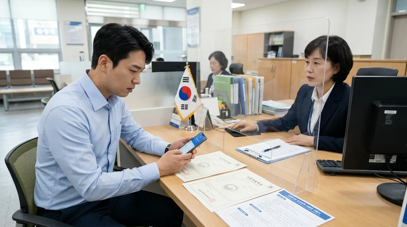 대출 나라 비 대면 후기 정식 등록 대부업체 안전성 확인을 위해 금융감독원 파인 통합조회 전산망을 확인하는 한국인 직장인의 모습