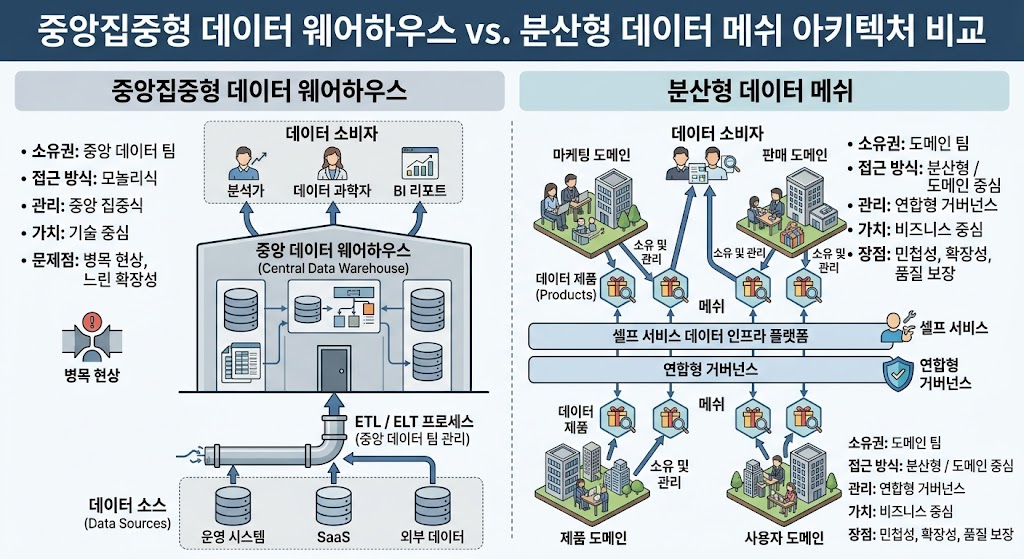 중앙집중형 데이터 웨어하우스의 단일 병목 구조와 도메인별로 분산된 데이터 메쉬 아키텍처의 구조적 차이 비교도