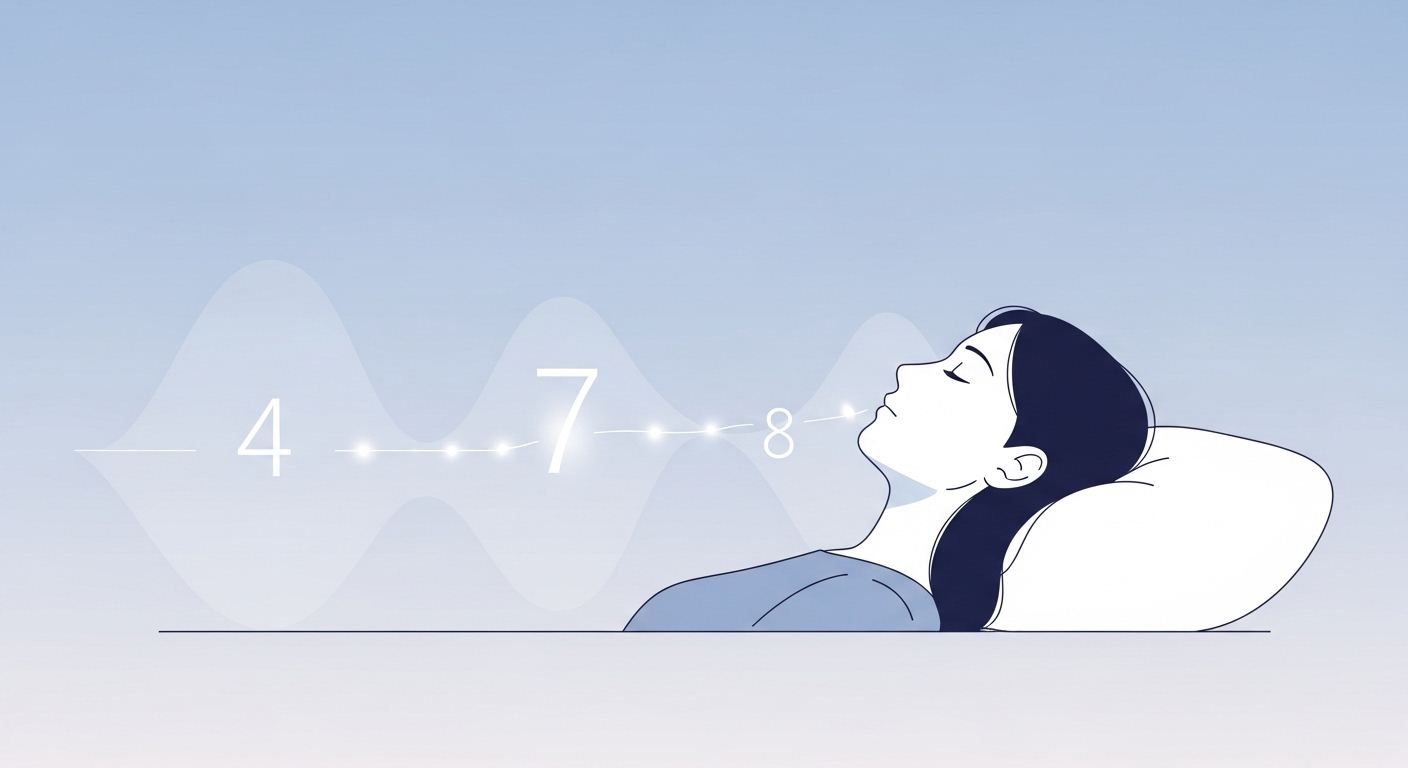 차분한 자세로 4-7-8 호흡법을 수련하는 사람의 모습. 숫자 4, 7, 8이 은은하게 표현되어 호흡 리듬을 나타내며, 숙면과 스트레스 해소에 도움을 주는 평화로운 분위기를 전달합니다.