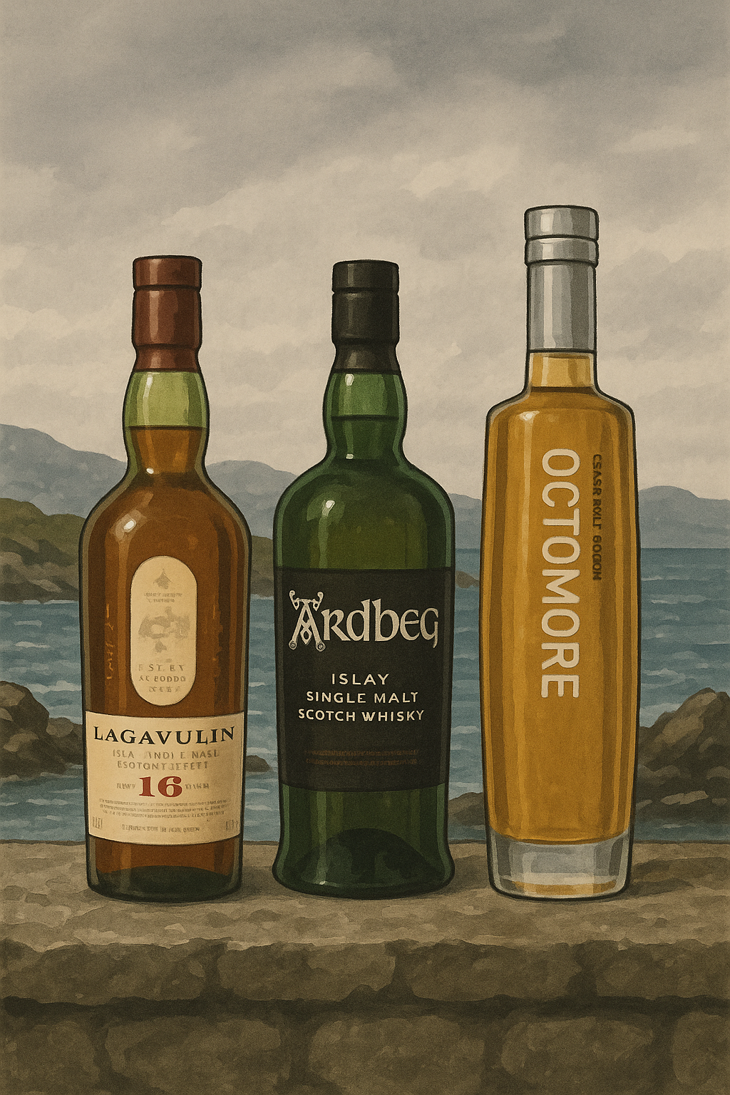 라가불린, 아드벡, 옥토모어 병이 나란히 놓인 스코틀랜드 아일라 섬 바닷가 풍경