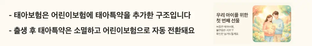 태아보험 어린이보험 가입시기: '태아보험은 어린이보험에 태아특약을 추가한 구조입니다 / 출생 후 태아특약은 소멸하고 어린이보험으로 자동 전환돼요'라는 문구가 포함된 웹배너 이미지. 이 이미지는 태아보험과 어린이보험의 관계 및 출생 후 자동 전환 구조를 시각적으로 전달하며, 블로그의 태아보험 어린이보험 가입시기 총정리와 관련된 내용을 설명함