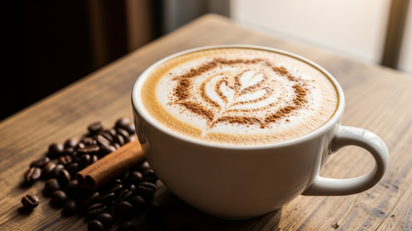 계피가루가 뿌려진 라떼 한잔