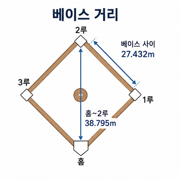 야구 베이스 사이 거리는 27.432m이고 홈에서 2루까지는 약 38.795m라는 규격을 다이아몬드 치수선으로 표시한 그림