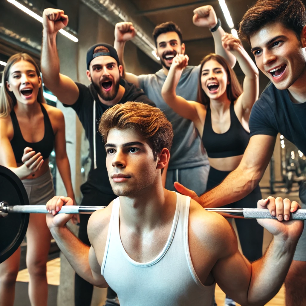 체육관에서 젊은 운동선수가 친구들과 코치의 응원을 받으며 무게를 들어 올리는 모습. 현대적인 장비가 배경에 보이며&amp;#44; 운동선수는 집중하며 결의에 찬 표정을 짓고 있음.