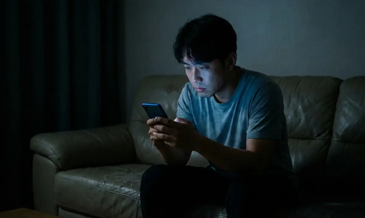 연락이 올까 봐 밤늦게까지 잠들지 못하고 휴대폰을 바라보는 모습