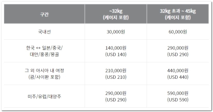 반려견 외 애완동물 비행기 탑승 비용