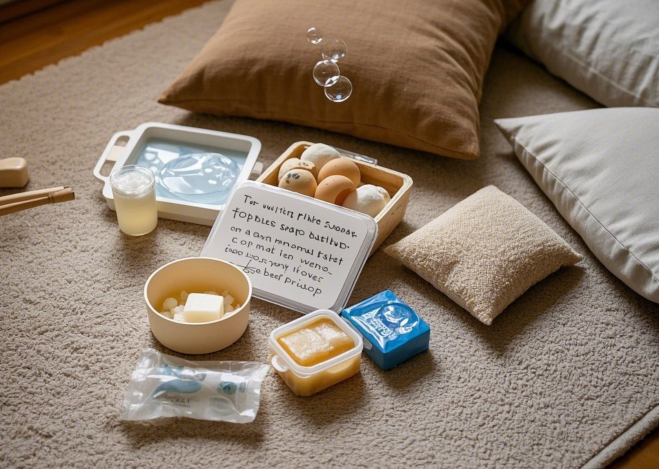 비눗방울, 쌀주머니, 쿠션 등 집에서 쉽게 준비할 수 있는 감각통합 놀이 도구들