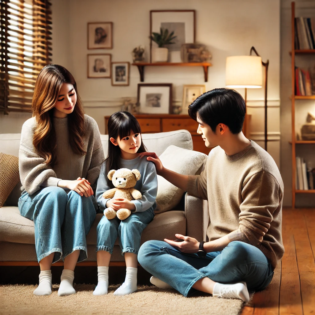 거실에서 딸의 감정을 경청하며 안전한 환경을 제공하는 부모, 인형을 들고 이야기하는 딸의 어깨를 감싸며 따뜻하게 미소 짓는 어머니와 고개를 끄덕이며 공감하는 아버지, 부드러운 조명과 가족적인 분위기가 강조된 장면.