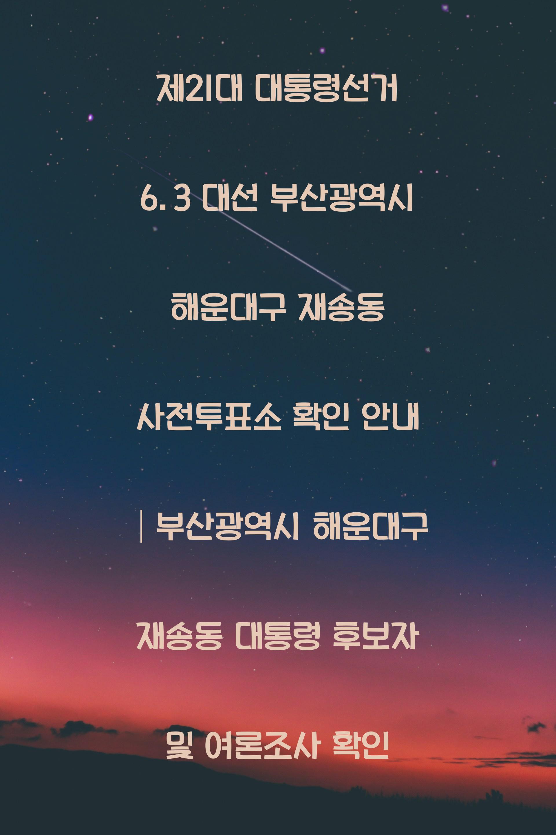 제21대 대통령선거 6.3 대선 부산광역시 해운대구 재송동 사전투표소 안내 │부산광역시 해운대구 재송동 대통령 후보자 및 여론조사 확인