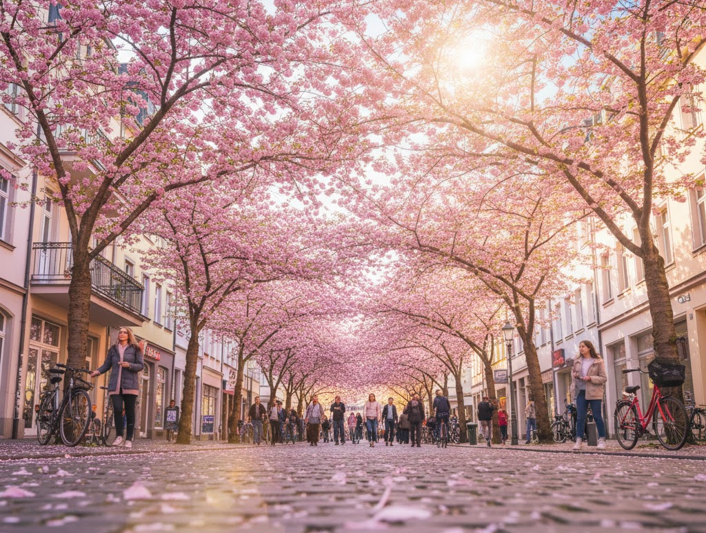 독일 본시의 핑크빛 벚꽃 거리 풍경